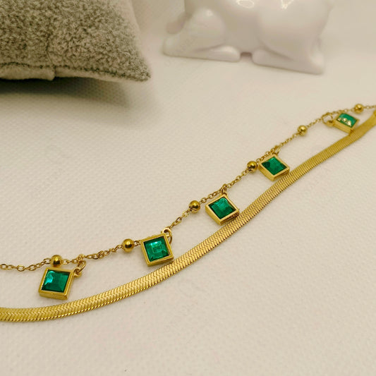 Trendy Green Zircon Stainless Steel Chain Bracelets