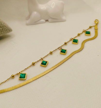 Trendy Green Zircon Stainless Steel Chain Bracelets